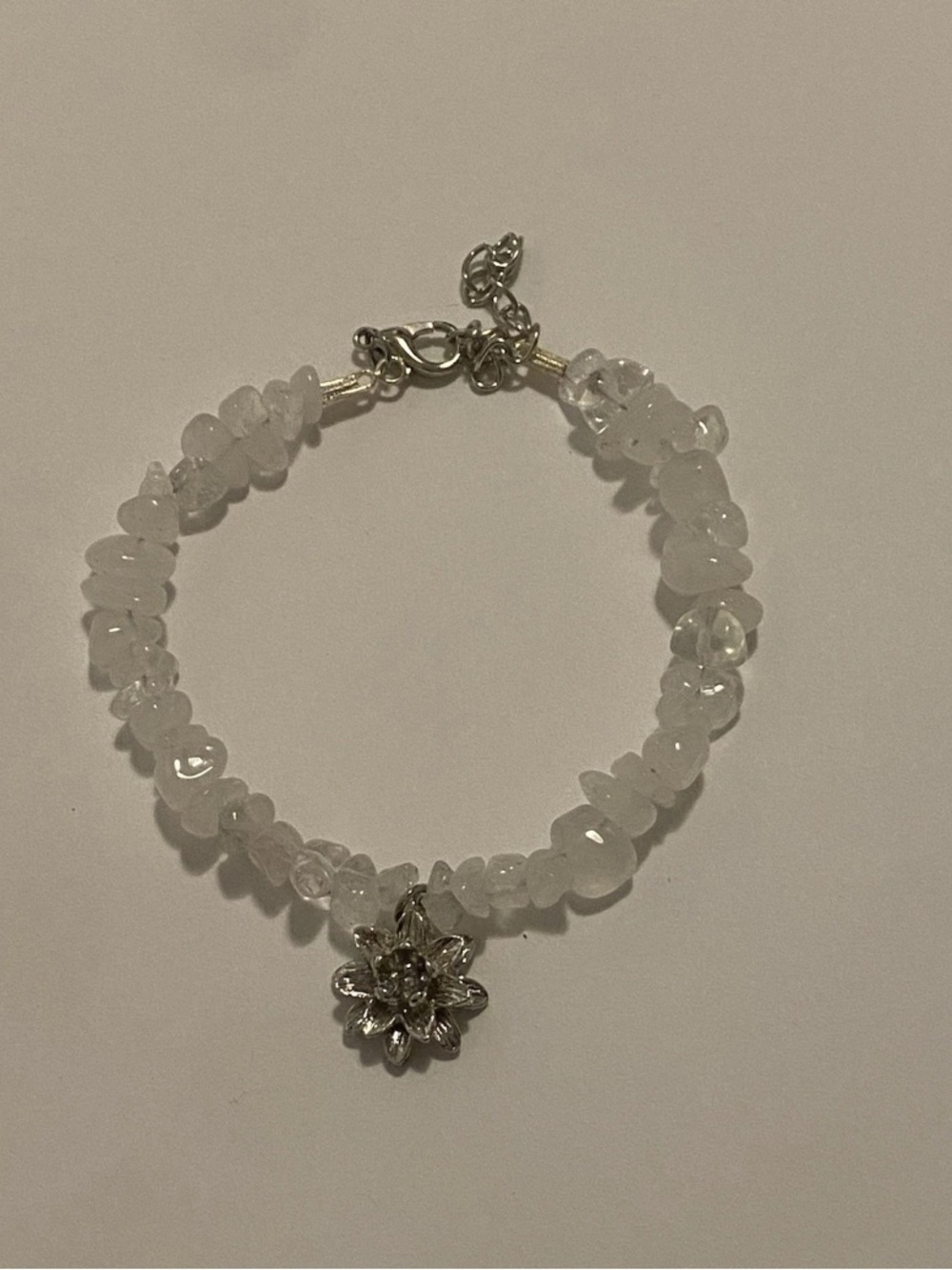 Delicate White Crystal Chip Bracelet with Silver Flower Charm